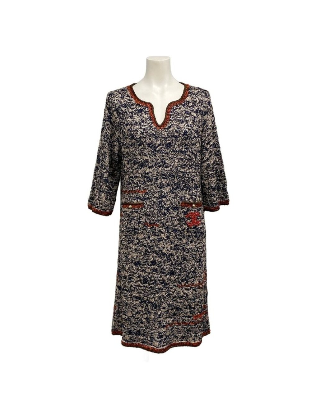 Chanel Dress M Navy Beige Brown CC Logo 40